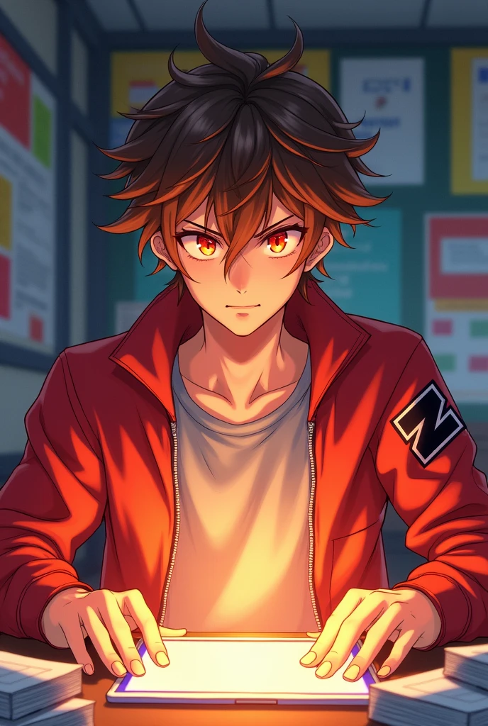 a brown messy hair guy with a red unzipped jacket with the logo Z on his right sleeve with Orange eyes, Grey shirt, Handsome and a ring on his finger glaring at the screen at school (anime style)