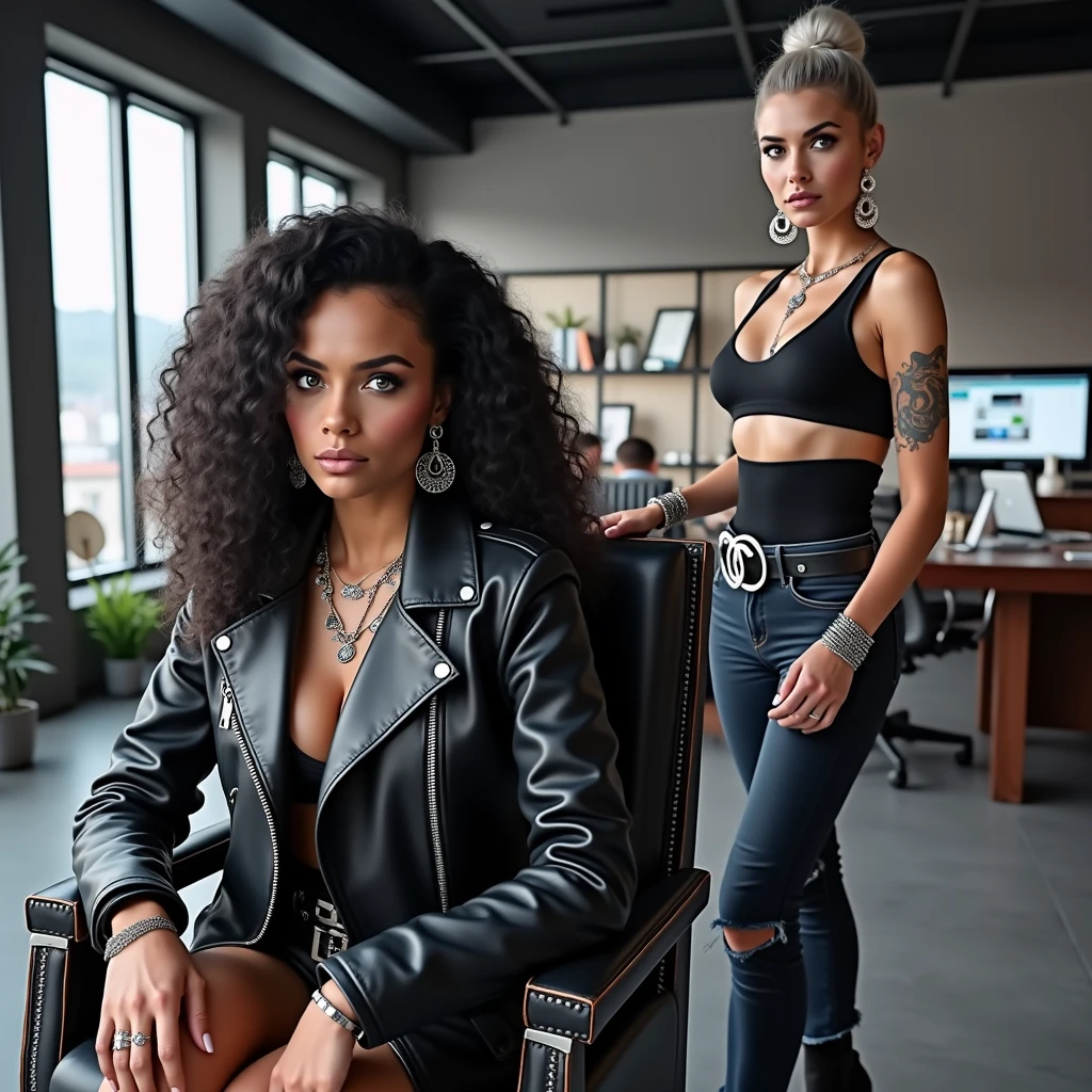 Boss sitting in her chair. Her employee; russian milf woman, grey hair (big top bun), blue eyes, pale, wearing black moto jacket with lots of zippers, black bra, dark blue jeans and pointy Chelsea boots with cuban heels, silicone Breasts, lots of metallic bracelets, long pendants and collars. Tacky leather belt with oversized chanel buckle, long earrings and afraid of getting close to her boss