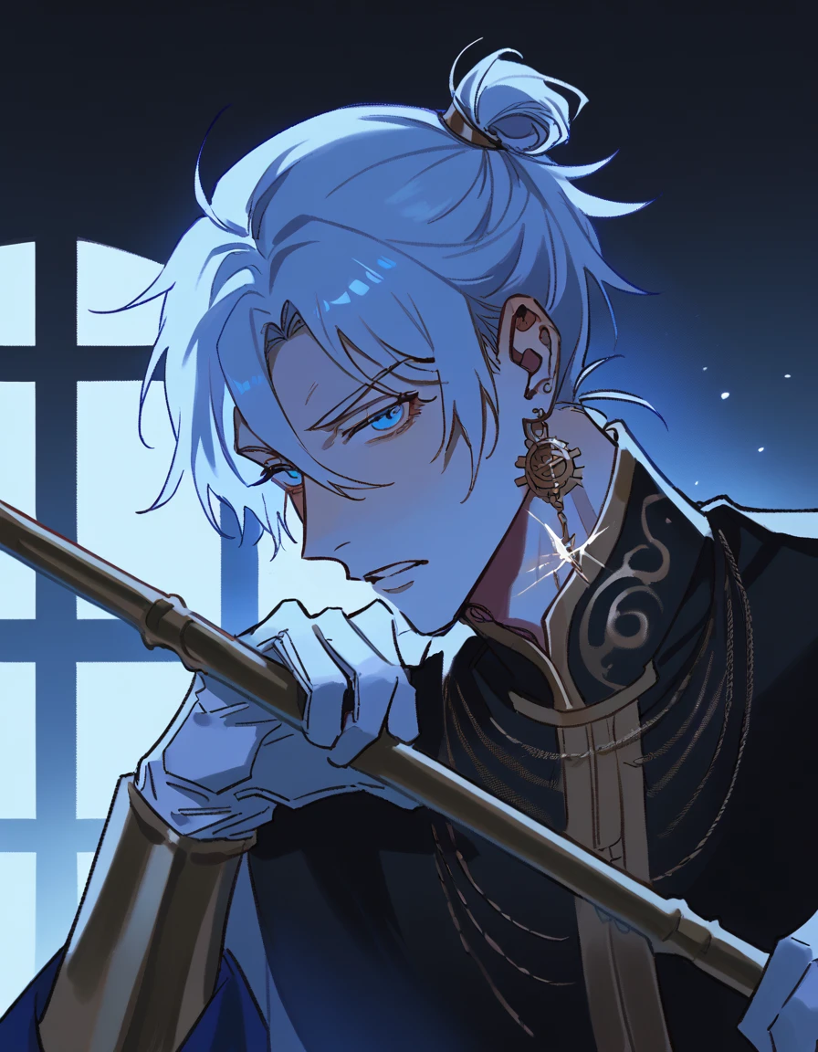 a man with long white hair, tied in a ponytail hairstyle, blue eyes a penetrating look, expression would be, dressed elegantly like a king, clothes with gold embellished details and white wrist-length gloves, His clothes have many details that resemble machines and gears. he has a mature and responsible appearance, as if he were older than he really is, at the same time the environment he finds himself in is dark and mysterious, he has his back to a window, where the waning moon stands out, your gaze is piercing into the camera, close up, HD, face detailed, Close by, he holds what appears to be a royal golden staff