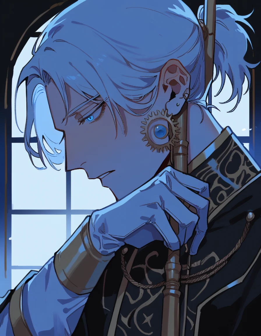 a man with long white hair, tied in a ponytail hairstyle, blue eyes a penetrating look, expression would be, dressed elegantly like a king, clothes with gold embellished details and white wrist-length gloves, His clothes have many details that resemble machines and gears. he has a mature and responsible appearance, as if he were older than he really is, at the same time the environment he finds himself in is dark and mysterious, he has his back to a window, where the waning moon stands out, your gaze is piercing into the camera, close up, HD, face detailed, Close by, he holds what appears to be a royal golden staff
