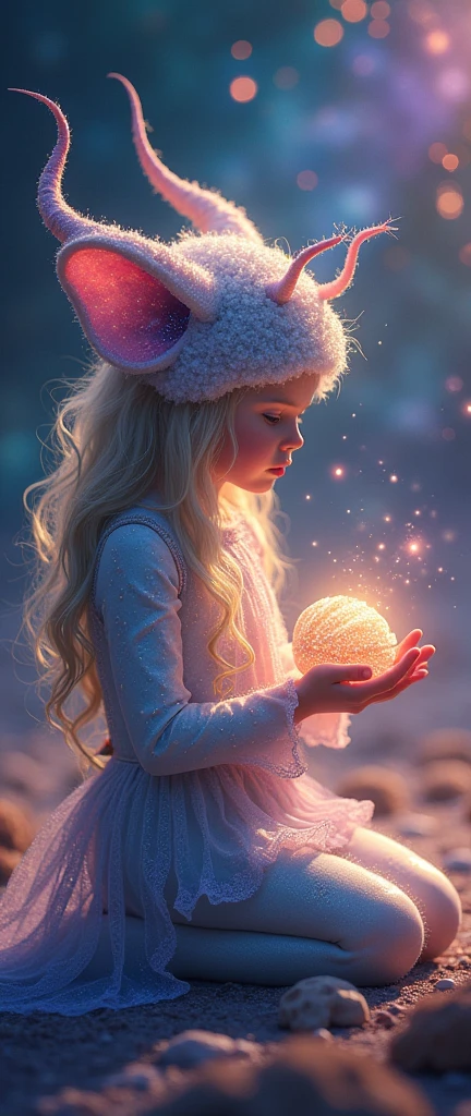 "Young Girl from the stars, (shimmering fur), celestial antennae, shell of wonder, Planetary dreamscape, (cosmic enchantment), surreal art, Vibrant and alien palette",down on my knees, plano general, f/1.8, bokeh