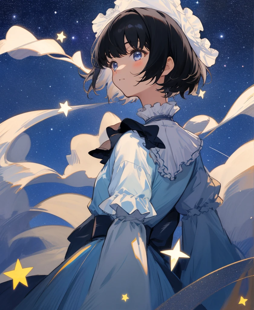 masterpiece, Highest quality, One Girl, Upper body, standing,, short hair, , Black-haired, Casual clothing, Frills, night、Look up at the stars、Starry Sky