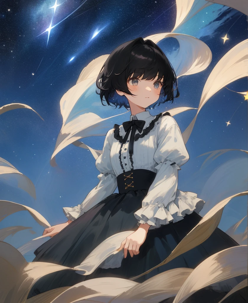 masterpiece, Highest quality, One Girl, Upper body, standing,, short hair, , Black-haired, Casual clothing, Frills, night、Look up at the stars、Starry Sky