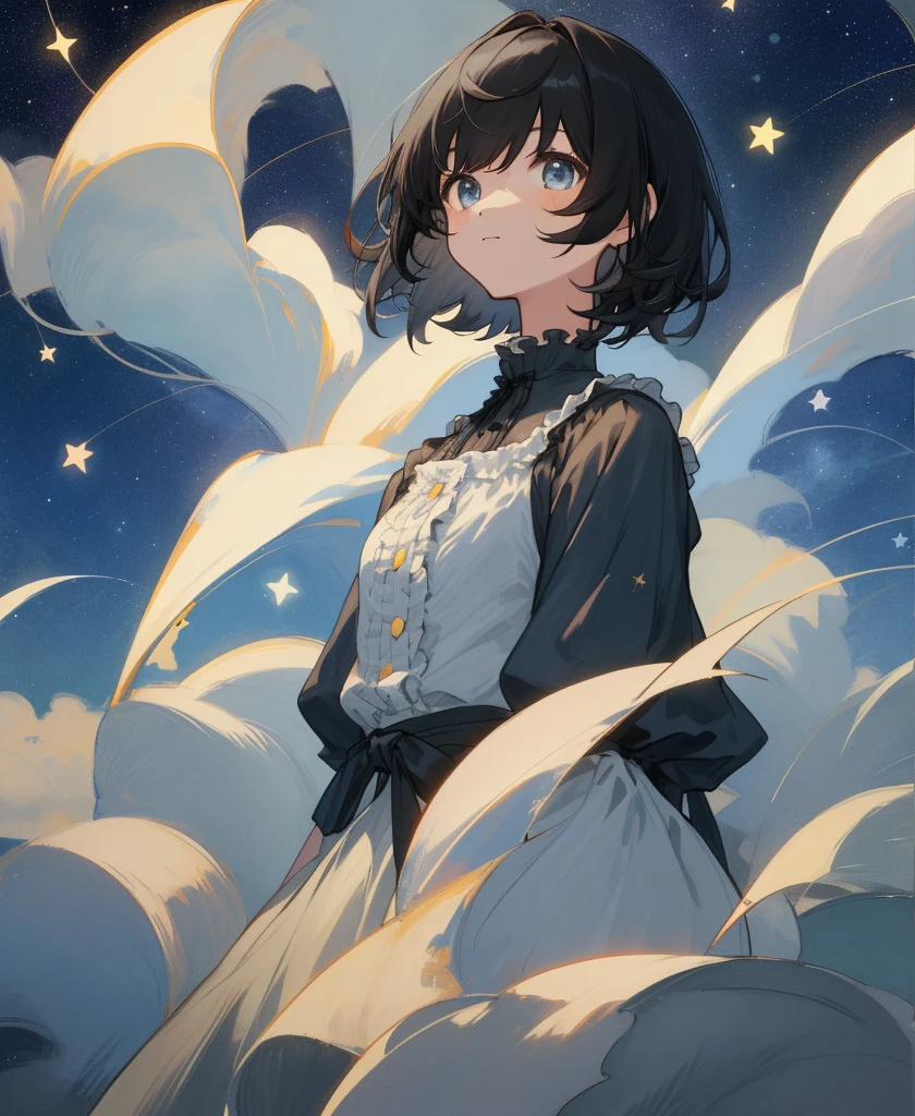 masterpiece, Highest quality, One Girl, Upper body, standing,, short hair, , Black-haired, Casual clothing, Frills, night、Look up at the stars、Starry Sky