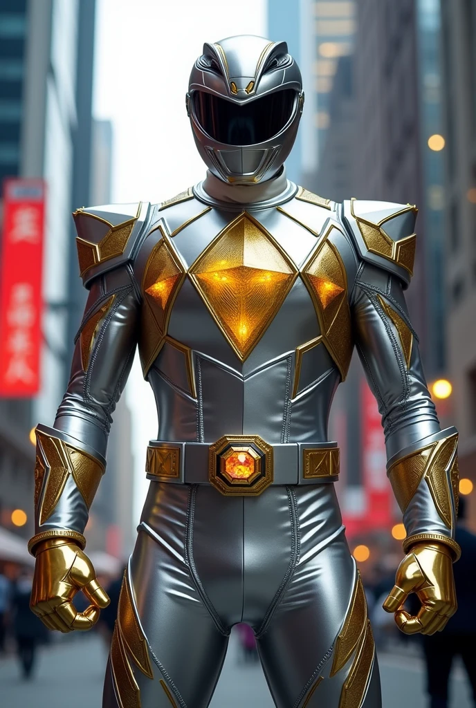 tall person in
silver powerranger suit with a gold diamond pattern . a hexagon belt buckel with gold gem a silver helmet no extra on belt no white lines on gloves. gold gloves