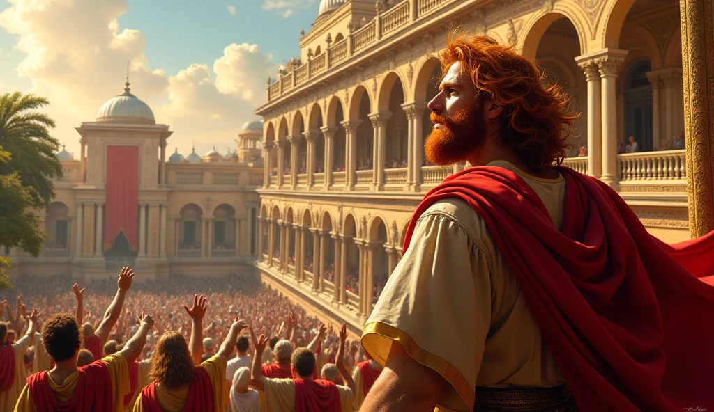 biblical history: man King David who is red-haired on the balcony of his palace celebrating victory