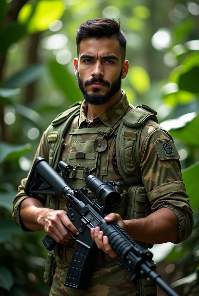 Young bearded man standing in Colombian army combat gear with rifle in hand.