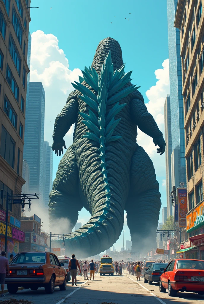 Godzilla de costas, with immensely large buttocks, having an ass 5x the size of his body destroying a modern city