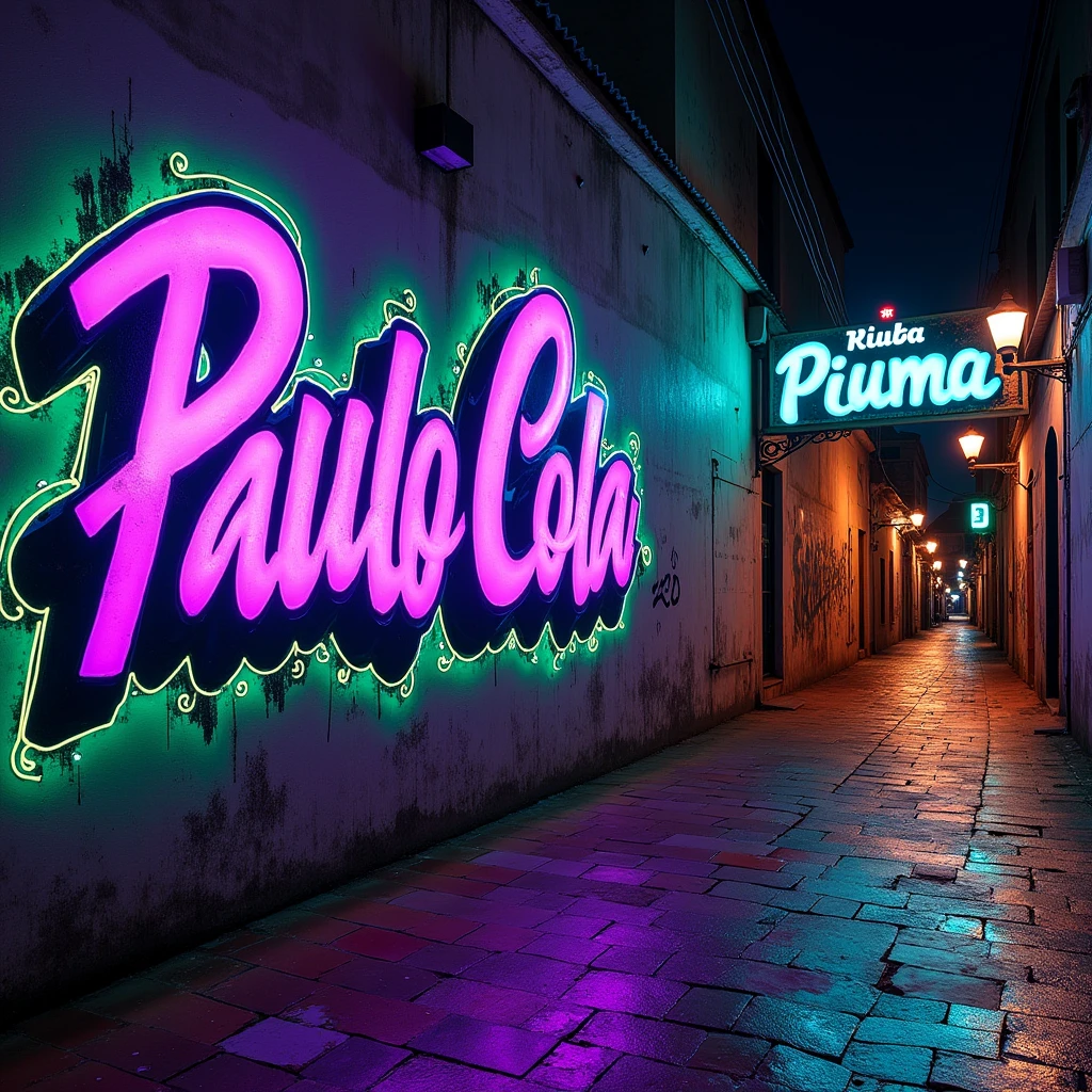 Create an image with the name “Paulo Cola” and the number “23” draw on a wall, draw a sign for a city called “Piuma”. Graffiti style. Fluorescent colors. With purple color theme.