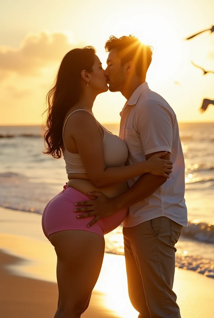 45 year old Asian fat woman, beautiful chubby, wearing panties with big boobs, cleavage, big ass, hot body curves, kissing a handsome 21 year old guy on the beach, couple passionately kissing on the lips, sexy pose, man in shirt and pants