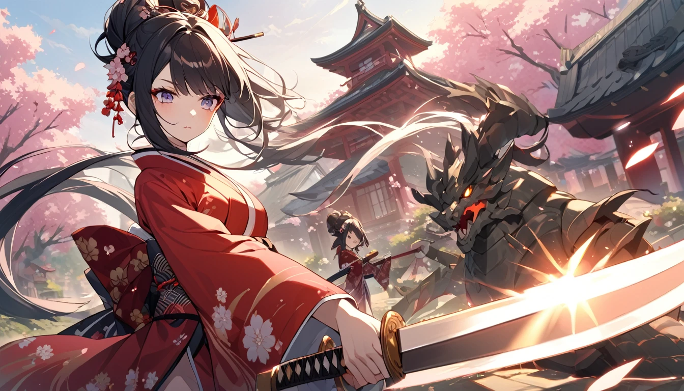 "A fearless geisha, with pale skin and delicate features, is in the midst of an impressive fight. She wears a red and gold silk kimono, richly embroidered with patterns of cherry blossoms and dragons, that fits her body in a Graceful. Her long black hair is tied in a neat bun, decorated with prunus flower hairpins that shine in the light of the setting sun. The katana, with a sharp blade that reflects golden rays, is held firmly in his right hand, while his left is elegantly positioned to maintain balance. Her expression is a mix of concentration and determination, her eyes shining with courage as she launches into a quick, precise attack, the tip of her sword cutting through the air with a subtle sound. In the background, a lush Japanese garden serves as the backdrop, with cherry blossom trees whose pink appearance gently floats around her, creating an ethereal effect. Stone lanterns and a small traditional temple glimpse in the distance, while shadows dance around, accentuating the tension and beauty of the scene. The atmosphere is one of shared emotion, capturing the moment of a conflict between tradition and bravery."