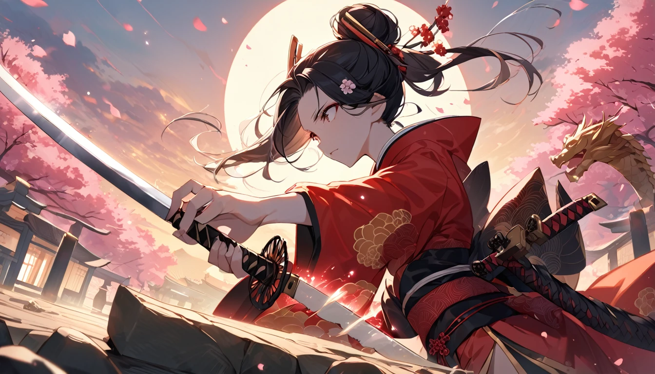 "A fearless geisha, with pale skin and delicate features, is in the midst of an impressive fight. She wears a red and gold silk kimono, richly embroidered with patterns of cherry blossoms and dragons, that fits her body in a Graceful. Her long black hair is tied in a neat bun, decorated with prunus flower hairpins that shine in the light of the setting sun. The katana, with a sharp blade that reflects golden rays, is held firmly in his right hand, while his left is elegantly positioned to maintain balance. Her expression is a mix of concentration and determination, her eyes shining with courage as she launches into a quick, precise attack, the tip of her sword cutting through the air with a subtle sound. In the background, a lush Japanese garden serves as the backdrop, with cherry blossom trees whose pink appearance gently floats around her, creating an ethereal effect. Stone lanterns and a small traditional temple glimpse in the distance, while shadows dance around, accentuating the tension and beauty of the scene. The atmosphere is one of shared emotion, capturing the moment of a conflict between tradition and bravery."