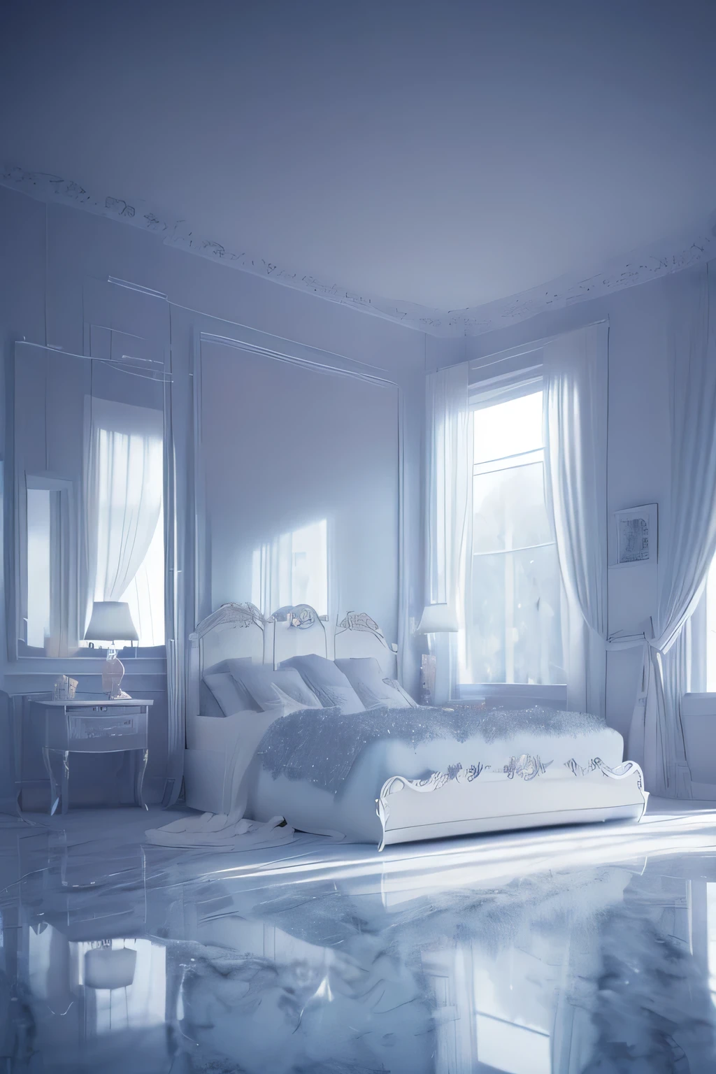 a white dreamy house, bedroom, retro, foggy, soft focus, year of 1995, cool lighting, muted pastel colors, glowing atmosphere, dramatic shadows, cinematic composition, dream-like quality, ethereal, romantic, soft focus photography, dark blue hour, midnight, windy, marble and silver