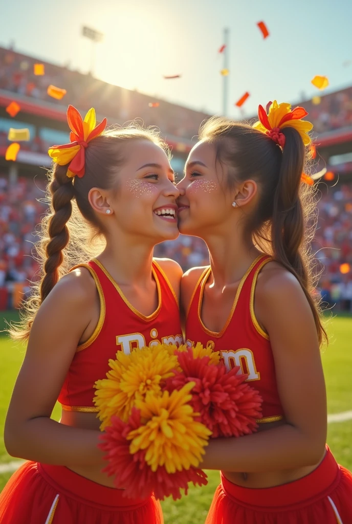 detailed picture of 4 extremely cute and beautiful marching band girls kissing in short skirts showing panties