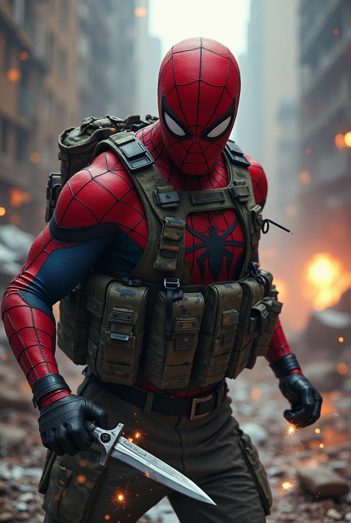 Spiderman as a call of duty operator holding a knife in one hand and using electric web tazer 