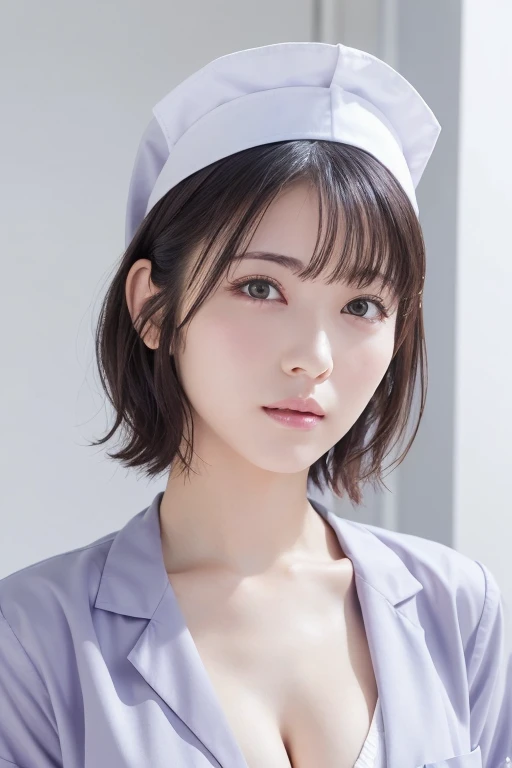 1. Pure Woman,(Wearing white nurse clothes:1.2),(RAW Photos, Highest quality), (Realistic, photo-Realistic:1.4), masterpiece, Very delicate and beautiful, Very detailed, Great Skin, Detailed face, Serious face、Clean look、 Sparkling eyes, double eyelid, Ample breasts、Cleavage、High resolution, Soft Light, Beautiful detailed, Very detailed eyes and face, Beautiful and sophisticated nose, nurse, Perfect Anatomy, Black Hair, Upstyle, nurse uniform, ((nurse cap)), hospital, clear, White Uniform, hospital room, ((High resolution)), short hair, bangs,Face Focus、