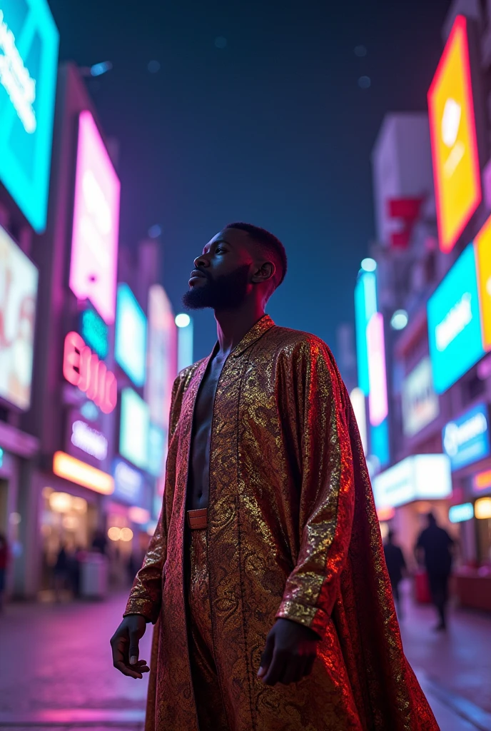 African male in Royal garment with sound manipulation powers. Doing a visible super sonic scream
At night in a techno city