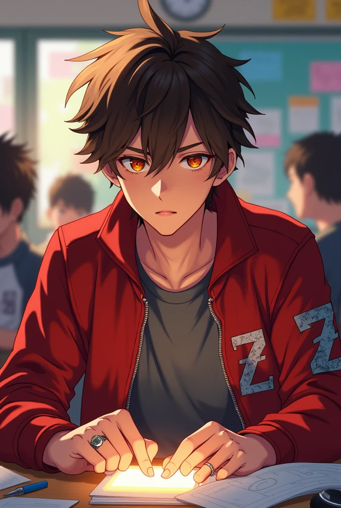 a brown messy hair guy with a red unzipped jacket with the logo Z on his right sleeve with Orange eyes, Grey shirt, Handsome and a ring on his finger glaring at the screen at school (anime style) 