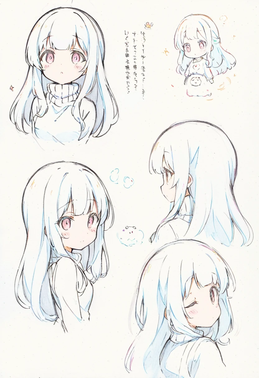 estilo de desenho animado:1.2),, cute face, big eyes, ,,(((( light blue long hair)))), affectionate smile, (true beautiful:1.2),,(tiny 1girl model:1.2),)(flat chest),,beautiful detailed eyes,blunt bangs((((little delicate girl)))),, 1 girl ,(((( light blue long hair)))), ((highest quality)), ((masterpiece)), (be familiar with), perfect face、girl、pencil、anime style、Flaxen Turtleneck Sweater、skirt、whole body、draft、monochrome、rough、、 doodle drawing. (Pencil_Sketch, messy lines, , traditional media, sketch), 1girl, solo, long hair, simple background, upper body, looking up、Line art 、(character design sheet, same character, front, side, back),cute girl, different angles, character sheet, illustration, expressions, line art、2 d anime style, anime moe art style, cute art style, Anime-style illustration, anime girl, in Pixiv, pixiv style, pixiv, in anime style, anime art style, Full Body Commission, 1girl, ctcas, Cowboy shot, Character Reference Sheet, The same character, full bodyesbian, Full of Details,(Character Sheet:1.2),full - body