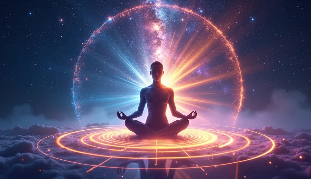 Create a vibrant and dynamic thumbnail featuring a human figure in profile, seated in a meditative pose with eyes closed. The figure is surrounded by a glowing aura that radiates light and energy, symbolizing vibrational energy. Surrounding the figure are concentric waves or circles of energy, visually representing vibrations emanating from the body. The background is a cosmic scene with a deep, starry sky, suggesting a connection to the universe. Subtle waves of sound and beams of colored light are dispersed throughout the background, emphasizing the concept of vibrations in various forms. Use rich, contrasting colors, such as blues, purples, and golds, to create a sense of spirituality and energy. The overall mood is peaceful yet powerful. No text is included in the image.