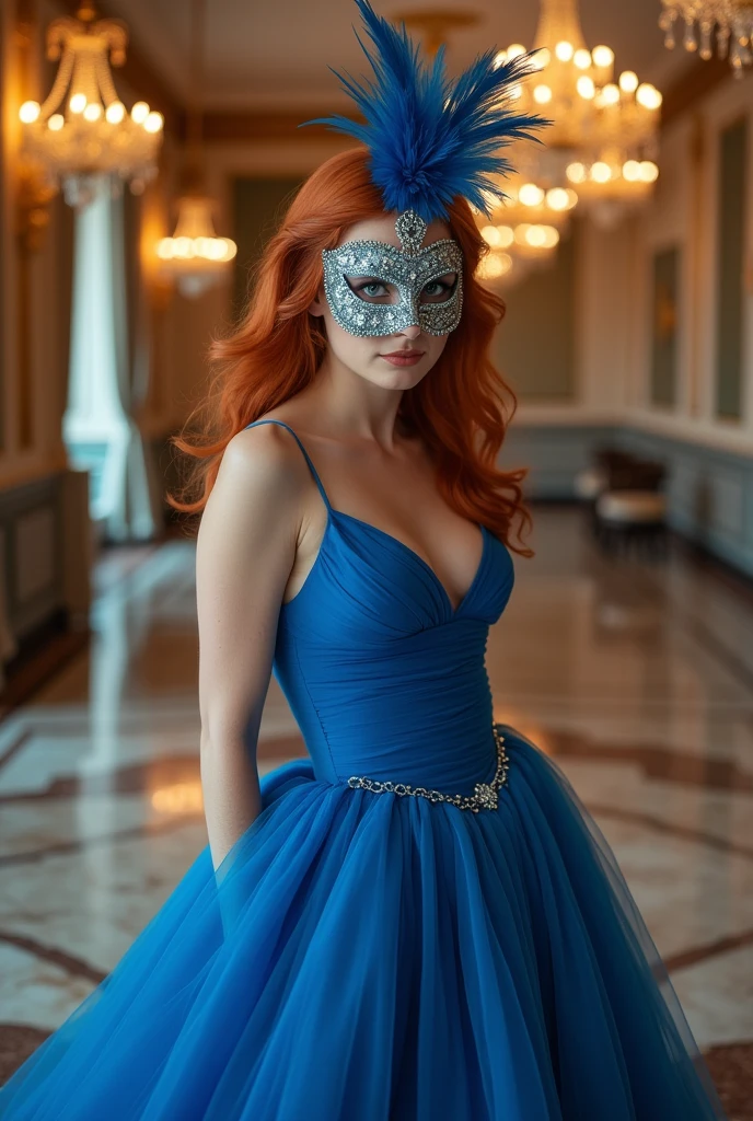 Redhead woman in blue dress and mask, fully body