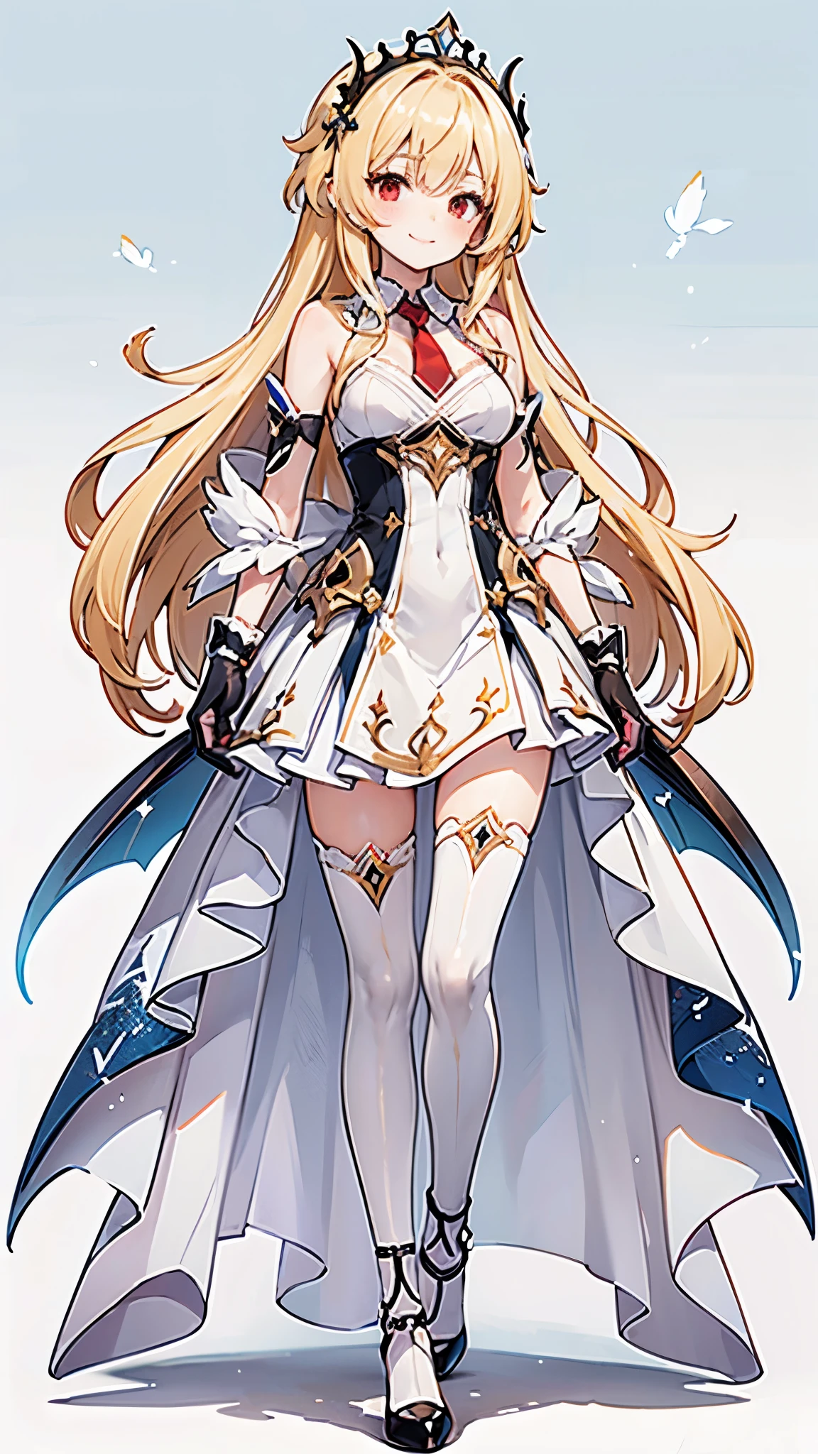 16K, full body, Overall image, looking at viewer, upright, arms at side, concept art, A young woman with long light blonde hair is standing facing forward。, alone, Red Eyes, smile, simple background, blush, Wearing lace-up shoes,Wearing gloves,Dragon Princess, wrist set, Red tie 