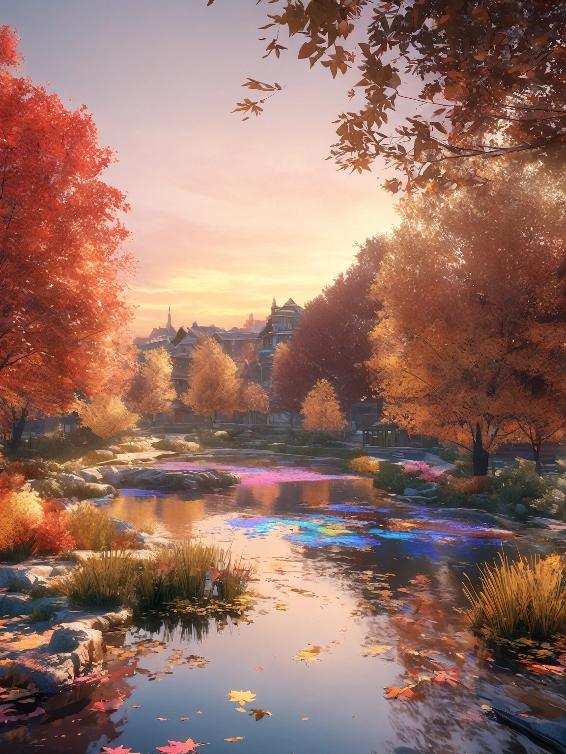 DIY16，best quality, Ultra HD, masterpieces, 8K, Practical, Anime style, 3D Rendering，(Pond in the evening:1.2), (8K, best quality, masterpiece:1.2), (Ultra-high resolution:1.0), Extremely bright design, Soft colors, (ink:1.3), Autumn Lights, High Detail, dramatic, photoPractical painting art
