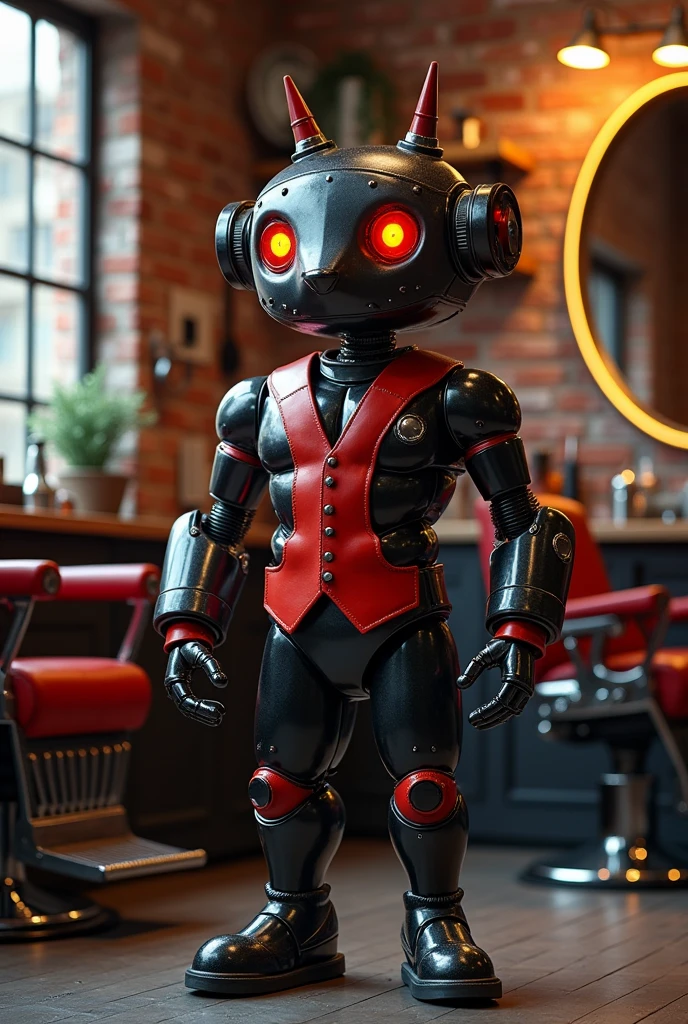 a  mascot for barbershop brand. Color brand is black and red. Style is inđustrial sytle, mechanic
