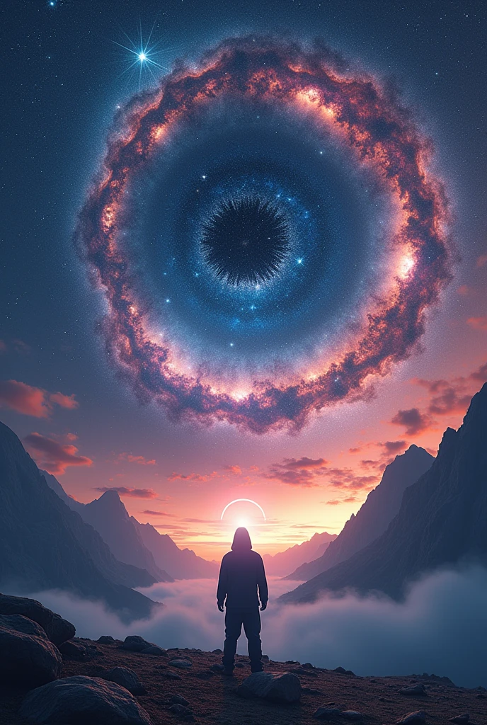 dreamlikeart, [light, paint, jwst, spiral galaxy, cosmic horrors beyond comprehension:ink, shadow,:0.25], big man, eyes, pupils, dublex, mountainous horizon, sun, [glitch|databending]

