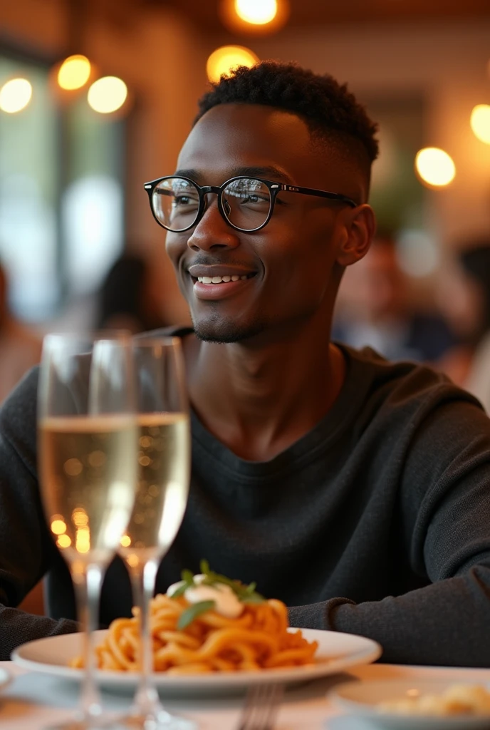 best qualityer:1.4), (ultra high resolution:1.2), (photorrealistic:1.4), (8k, CRU photo:1.2), a thin young man of 20 years old, skin black , with a smooth, beardless face, with short hair, with shaved sides and a low top, is wearing a black short-sleeved shirt, a pair of clear prescription glasses. It's on a restaurant table, in it there are 2 glasses of champagne, and a plate of pasta. He is looking to the side with a slight smile
