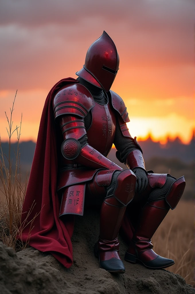 Knight in red all-over armor sitting on a dirt embankment with one of his arms missing