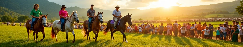 Create a banner with real people in 8k with Brazilian customs like: people riding, religious festivals such as baptism, holy supper, people planting and harvesting.