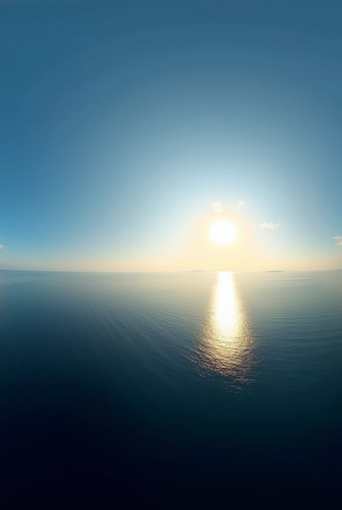 create a 360 panorama with a clear blue sky without clouds with a sun at the end and a dark ocean below without waves the sun is not so bright just the little ball of the sun at the end and without clouds the ocean without any waves the sun is not to reflect much the brightness in the water make the ocean very calm without many waves and the sun more beautiful remove the reflection of the sun from the water make the sun very late afternoon style beautiful super beautiful and the sea very dark remove the reflection of the sun that is in the water please