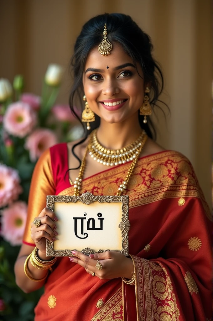 Portrait photography, realistic human face,Indian,white, bridal saree wear,smiling,charming,beautiful,holding a board with text "பாபு சில்க்ஸ்"