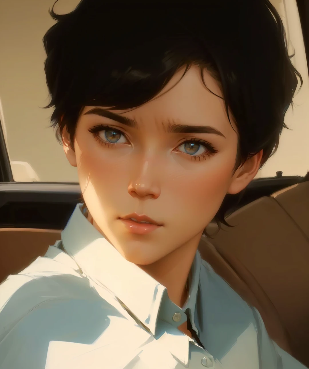 there is a man sitting in a car with a blue shirt, digital art Ilya Kuvshinov, Ilya Kuvshinov. 4K, non-style artwork by guweiz, Ilya Kuvshinov face, Ilya Kuvshinov style, Ilya Kuvshinov landscape, breathtaking Ilya Kuvshinov, in style of Ilya Kuvshinov