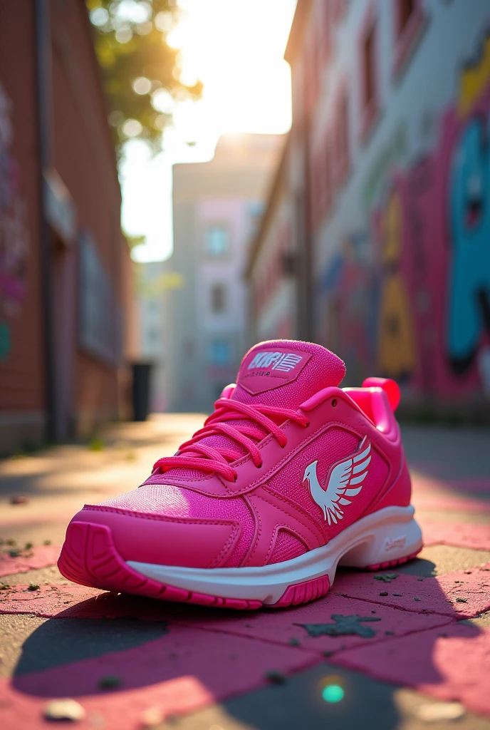Create a pink tennis shoe and the logo is a white phoenix