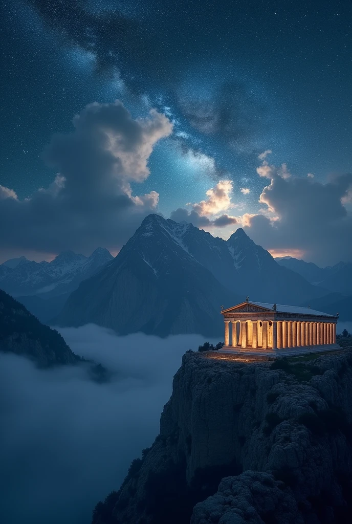 Night sky background with Mountain surrounded by clouds with Ancient Greek building on top 