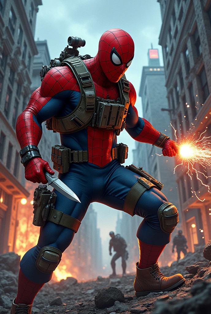 Spiderman as a call of duty operator holding a knife in one hand and slinging electric spider webs from one wrist