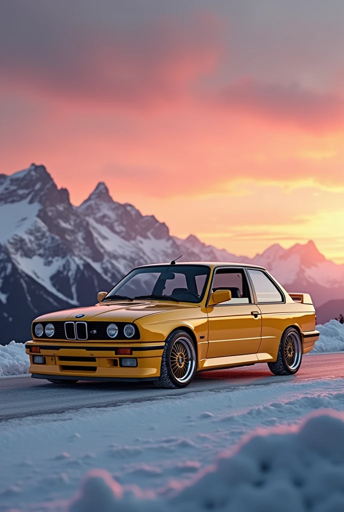 Yellow e30 BMW M3 at sunset, photography, real, realistic, 8k, bbs, snow, mountains, photorealistic, ultra detailed, --v 4