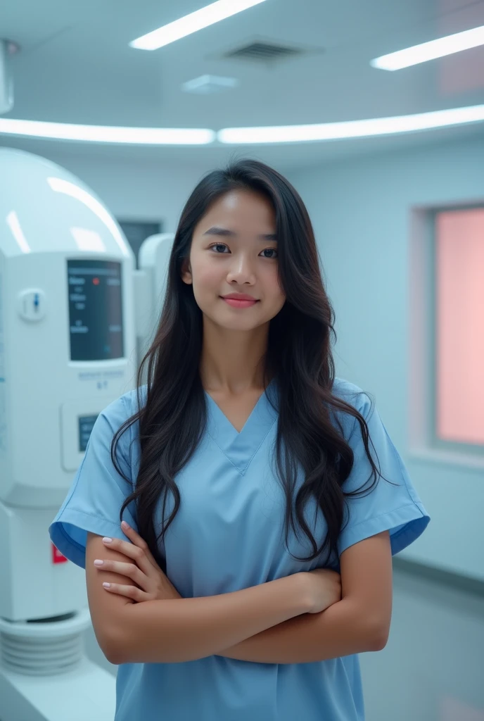  20 years old pretty Indonesian girl facing a mammogram 