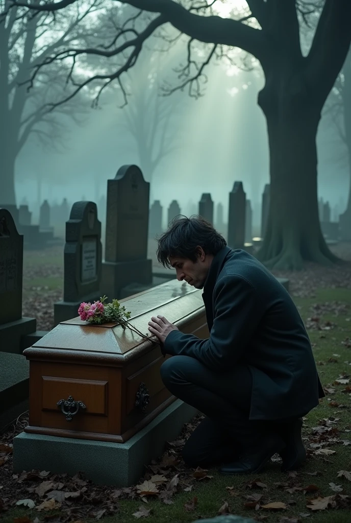 A man crying next to a coffin in a cemetery