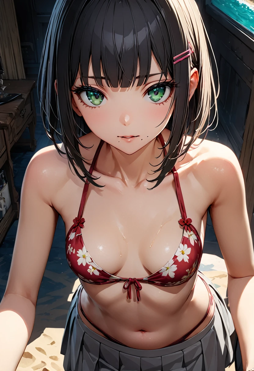 Diakrosawa, He is Kurosawa, Black Hair, (Green Eyes:1.5), Blunt bangs, Grey Skirt, hair ornaments, Hair Clip, Mole, Mole under mouth, (Small breasts:1.2), break bikini, clavicle, Floral print, multi strapped bikini, belly button, Printed bikini, Red Bikini, Swimwear, break looking at viewer, break beach, break (masterpiece:1.2), Highest quality, High resolution, unity 8k wallpaper, (figure:0.8), (Beautiful attention to detail:1.6), Highly detailed face, Perfect lighting, Highly detailed CG, (Perfect hands, Perfect Anatomy),