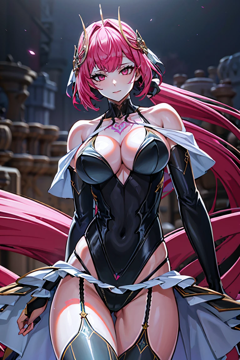 Smooth and Flawless Skin, Expressive and Captivating Eyes, Well-Defined Facial Features, Radiant and Healthy Glow, Perfectly Proportioned Face, Graceful and Symmetrical Features, Fine Details and Realistic Texture, cute face, absurdres, vivid color, beautiful portrait of cute anime girls, anime best girl, anime screencap, anime style,　finely detailed, insanely detailed, exquisite, fantastic, amazing quality, top quality, professional quality, high quality, finely quality, official art, production art, super detailed skin, clear eyes, light eyes, light image, gleaming skin, oil skin, shiny skin, accurate face parts, cinematic, extremely detailed beautiful face and eyes, fair skin, 16k, 32k, 16k portrait, 32k portrait, masterpiece, Highest quality, ultra Detailed beautiful face and eyes, Detailed eyes, High resolution, beautiful, super fine illustration, extremely detailed unity cg 8k wallpaper, fearless face, perfect eyes, deep detailed eyes, perfect face, low ponytail, pink hair, hair ornament, pink eyes, leotard, zipper, white showgirl skirt, bare shoulder, thighighs, thigh high boots, bare thighs, cleavage, cleavage cutout, adult face, elbow gloves, garter belt, garter straps, (((collarbone tattoo, chest tattoo))), hair between eyes, evil grin, perfect hands, perfect fingers, five finger, four finger and one thumb, skin tight, straight bangs, beautiful hair, very long skirt, perfect anatomy, perfect female body, perfect proportion, fingerless gloves, bare fingers gloves, extremely ultra detailed beautiful hands and fingers, one back hair, perfect hair, cowboy shot, long low ponytail, one connected low ponytail, cloth, full face blush, perfect hair,