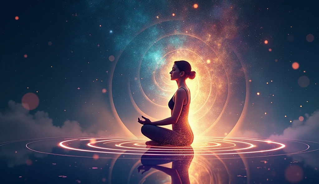 Create a vibrant and dynamic thumbnail featuring a human figure in profile, seated in a meditative pose with eyes closed. The figure is surrounded by a glowing aura that radiates light and energy, symbolizing vibrational energy. Surrounding the figure are concentric waves or circles of energy, visually representing vibrations emanating from the body. The background is a cosmic scene with a deep, starry sky, suggesting a connection to the universe. Subtle waves of sound and beams of colored light are dispersed throughout the background, emphasizing the concept of vibrations in various forms. Use rich, contrasting colors, such as blues, purples, and golds, to create a sense of spirituality and energy. The overall mood is peaceful yet powerful. No text is included in the image.