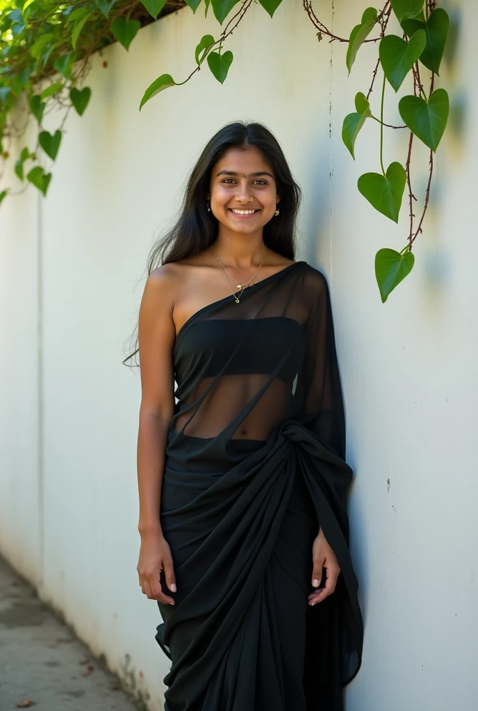 A cute 20 years old indian girl , taking selfie , rough dry face skin , sexy and hot , indian dress black saree , full body view , white wall background with green plants