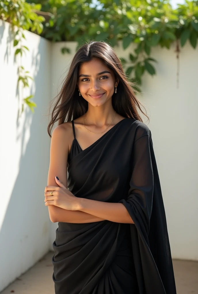 A cute 20 years old indian girl , taking selfie , rough dry face skin , sexy and hot , indian dress black saree , full body view , white wall background with green plants