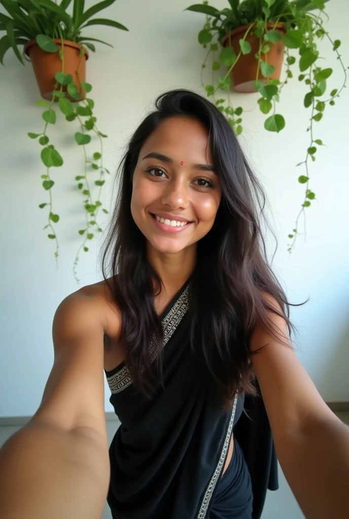 A cute 20 years old indian girl , taking selfie , rough dry face skin , sexy and hot , indian dress black saree , full body view , white wall background with green plants