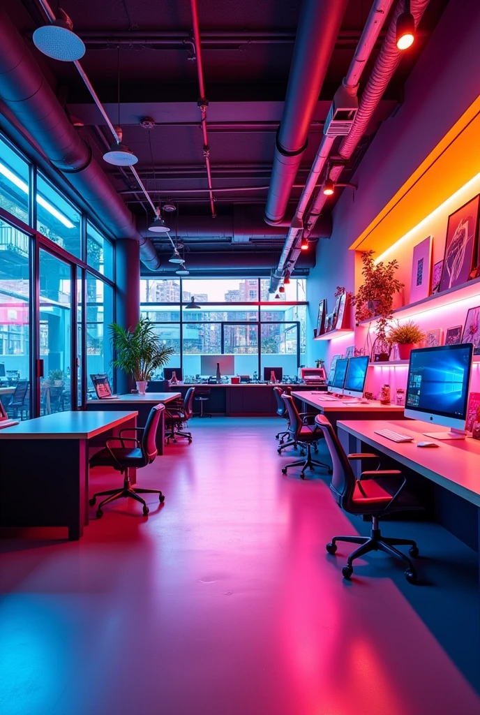 Graphic agency workshop with printers, design area with computers and waiting area with blue-orange and fuchsia gradient tones, store open to the public and in the back only for authorized personnel, production workshop in front, customer service area, commercial store, glass door, everything can be seen in the same space