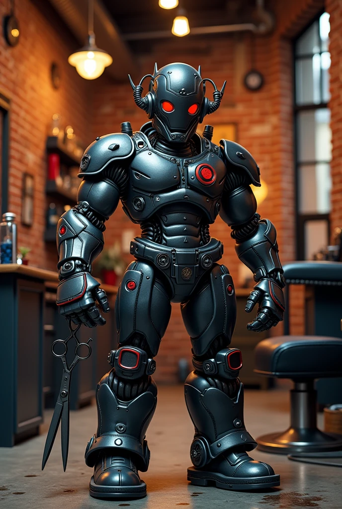 a mascot for barbershop brand. Color brand is black and red. Style is inđustrial sytle, mechanic