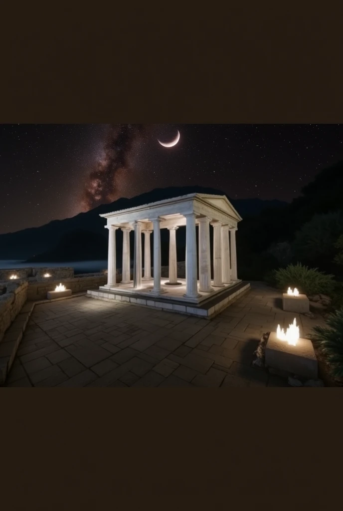 Night sky background with mountain surrounded by clouds with a Ancient Greek building with it